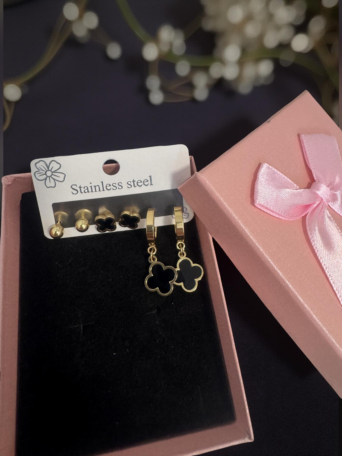Elegant Black Clover Stainless Steel Earring Set