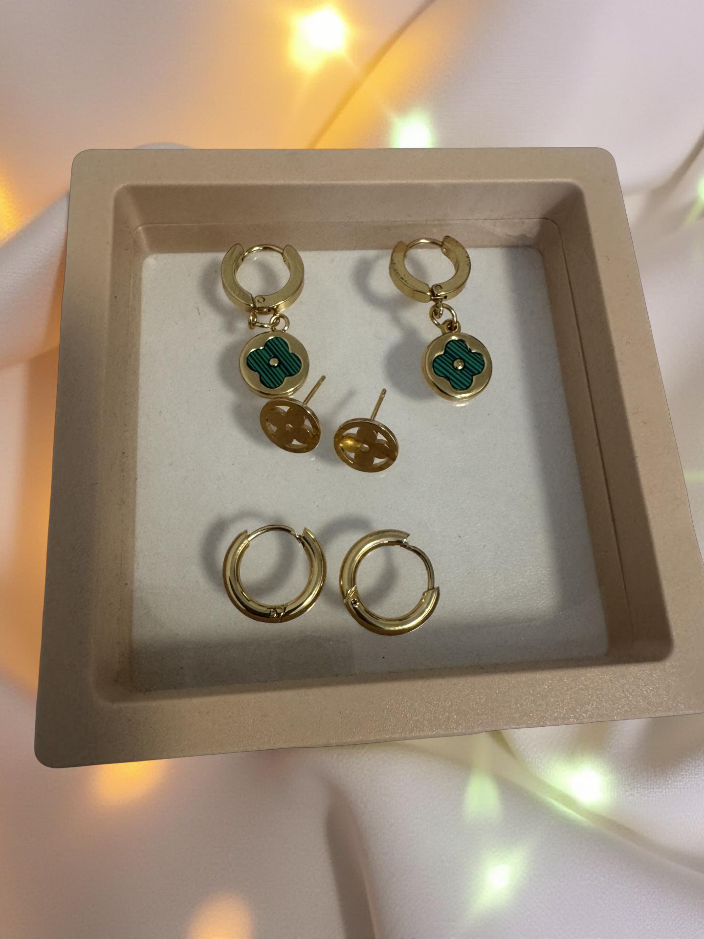 Gold Stainless Steel Earring Set – Green Clover Design
