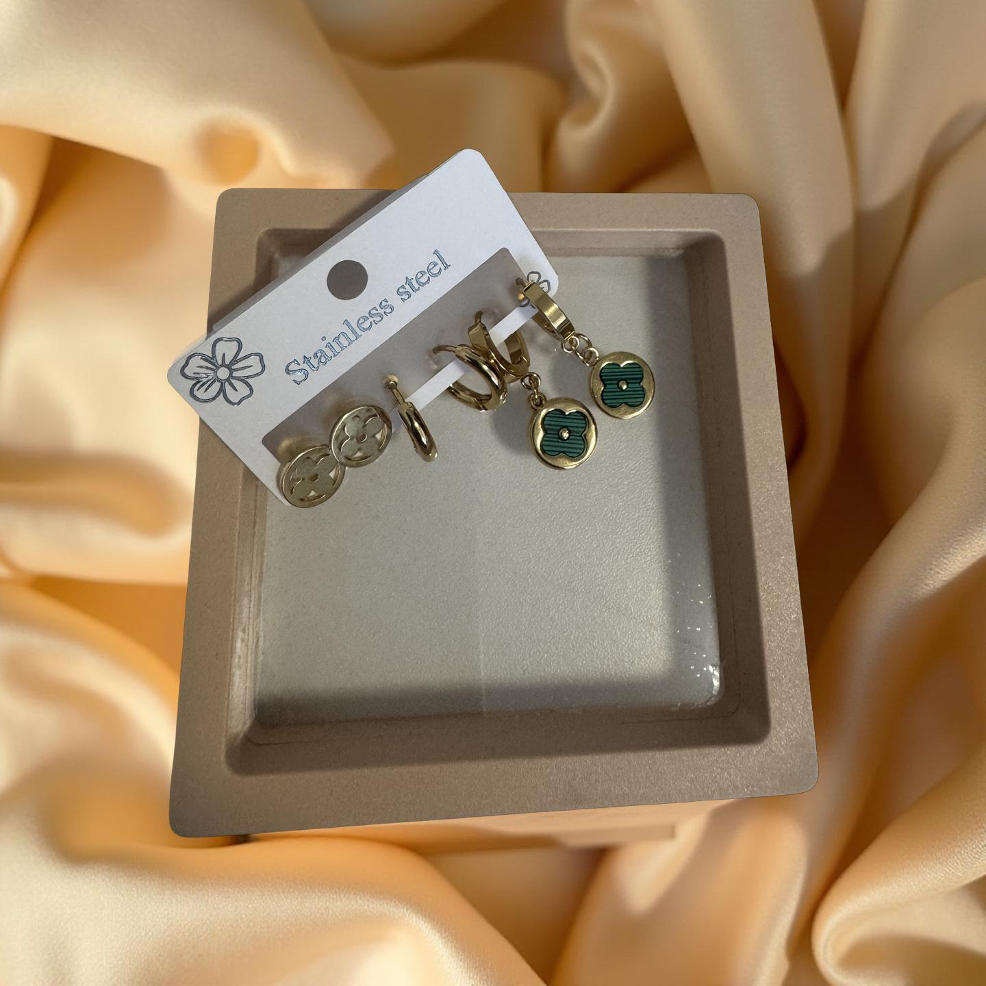 Gold Stainless Steel Earring Set – Green Clover Design