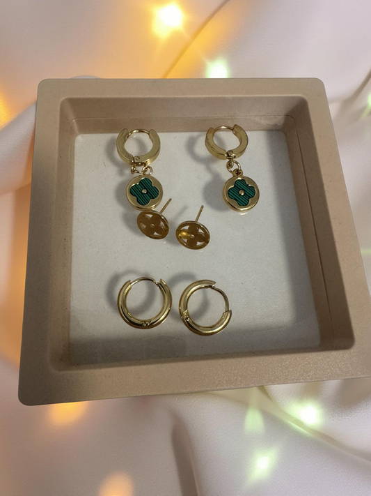 Gold Stainless Steel Earring Set – Green Clover Design