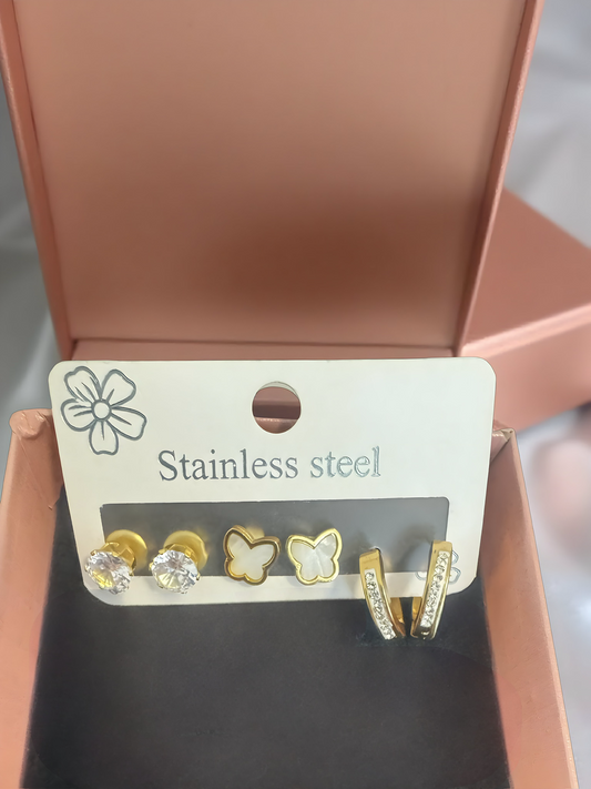 Gold Stainless Steel Earring Set (3 Pairs)