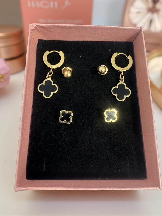 Elegant Black Clover Stainless Steel Earring Set